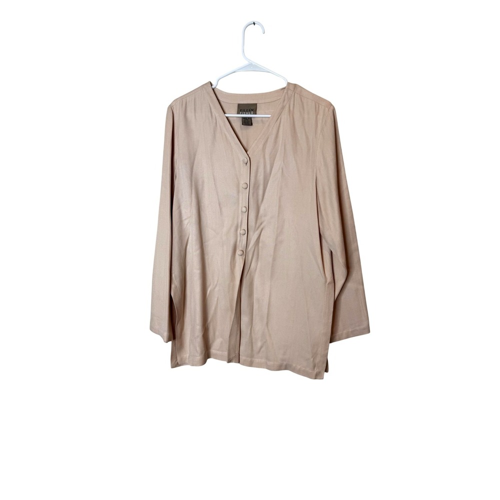 Eileen Fisher Blouse Womens S/M Beige 100% Silk V Neck Long Sleeve Tunic‎ Top
